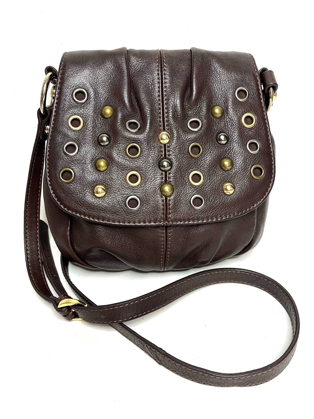 B. Makowsky Brown Leather Saddle Bag Crossbody with Studded Detail